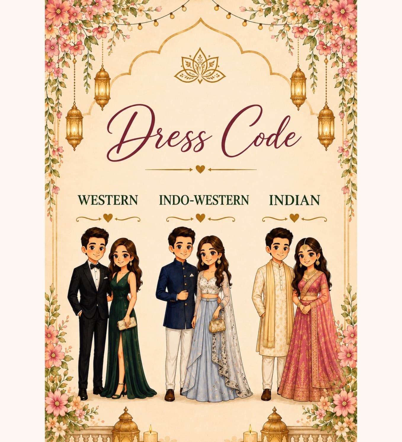Illustrated dress code: Western (tux and gown), Indo-Western (bandhgala and lehenga), Indian (kurta and lehenga)