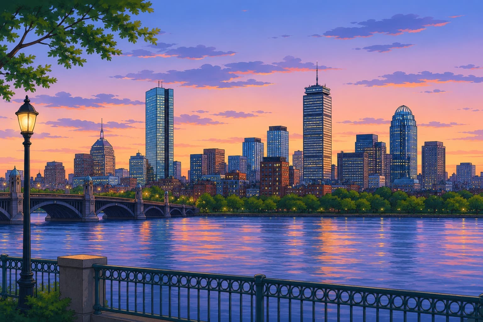 Illustrated skyline of Boston at sunset, with the Longfellow Bridge over the Charles River